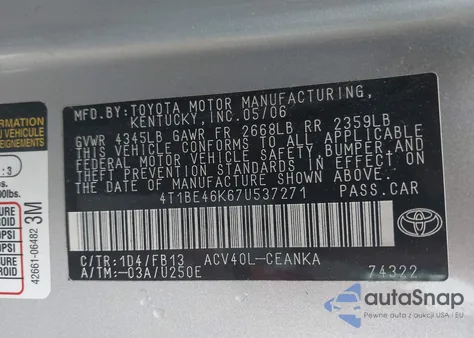 2007 Toyota Camry Le z USA, uszkodzony, nr VIN 4T1BE46K67U537271